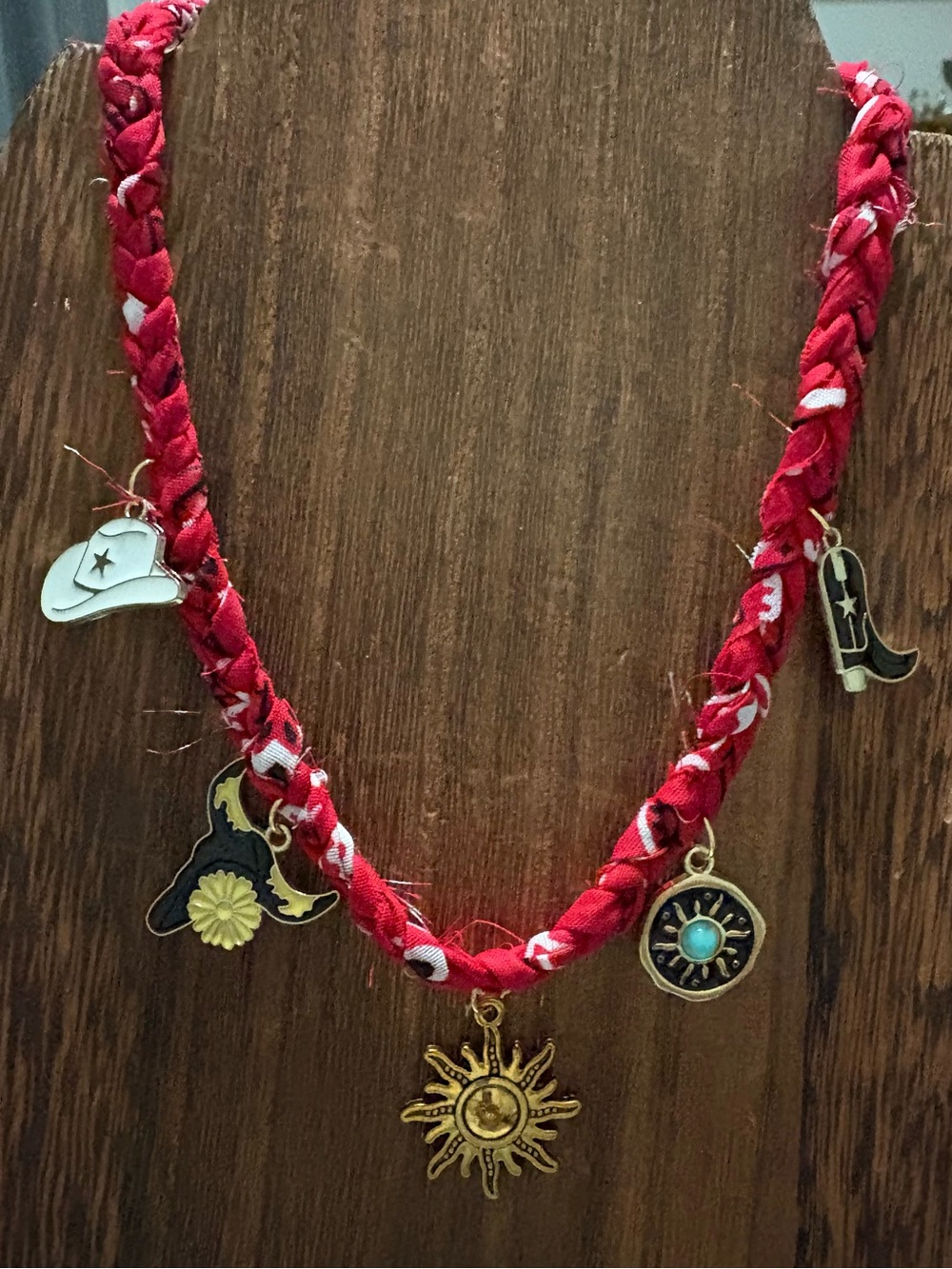 Boho Red Braided bandana Charm Necklace with Sun & Turquoise Accents
